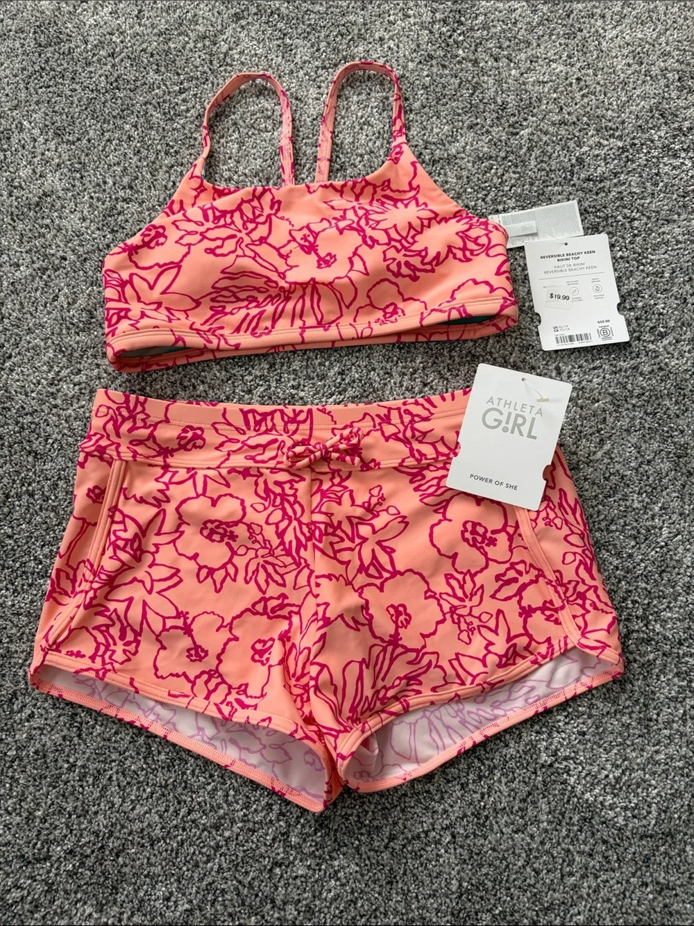 Athleta Girl Peach and Hot Pink Floral Sports Bra & Shorts Set